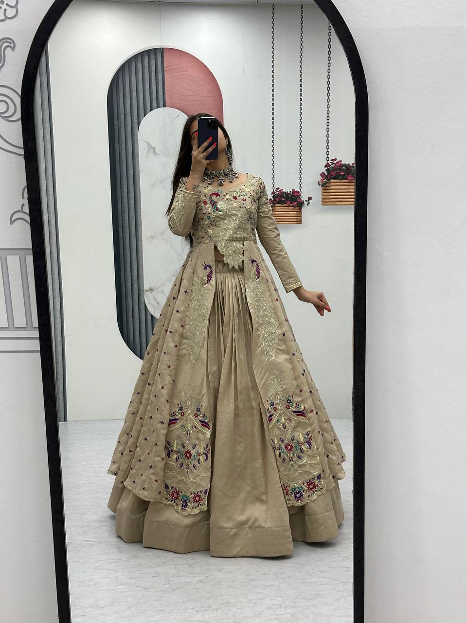 Mani beige Vichitra silk crop top peacock design lehenga with embroidered shrug