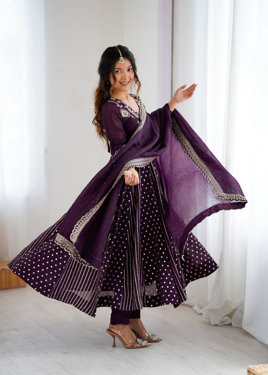 Purple Crunchy Silk Embroidered Anarkali Suit Set