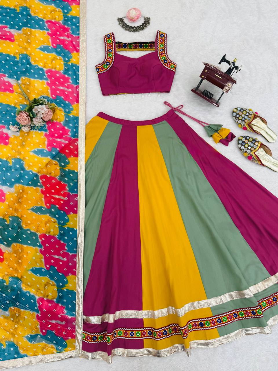 Multicolor rayon Gamthi thread mirror work Navratri lehenga choli with dupatta