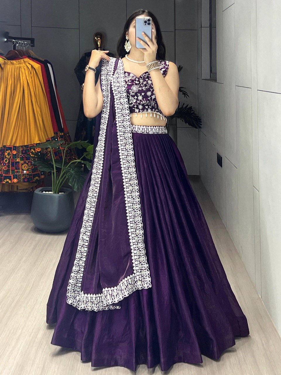 Tara deep purple Fendy satin silk embroidered lehenga choli