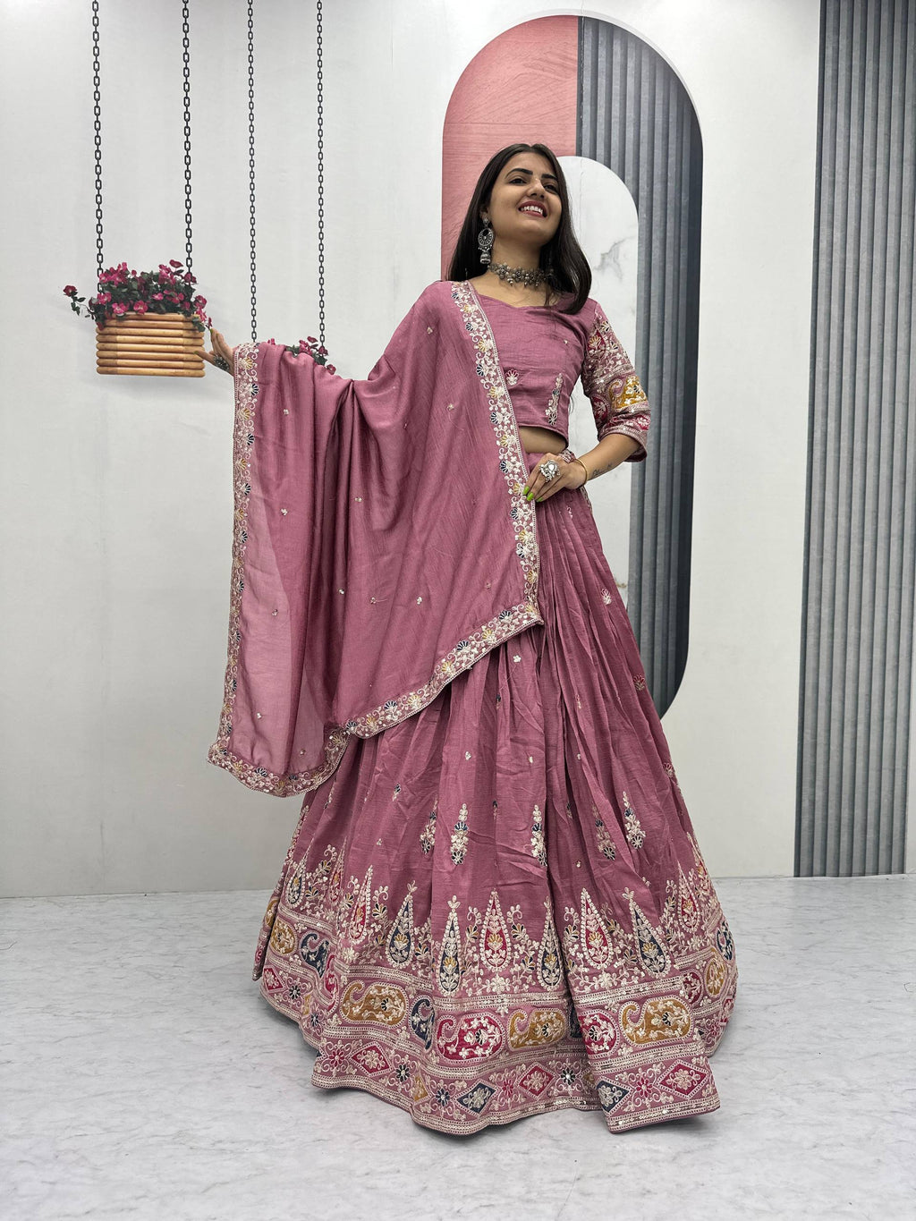 Raji mauve pink Vichitra silk lehenga choli with sequins thread embroidery and dupatta