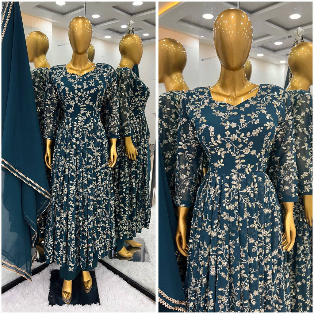 Janvika blue embroidered georgette Anarkali suit set