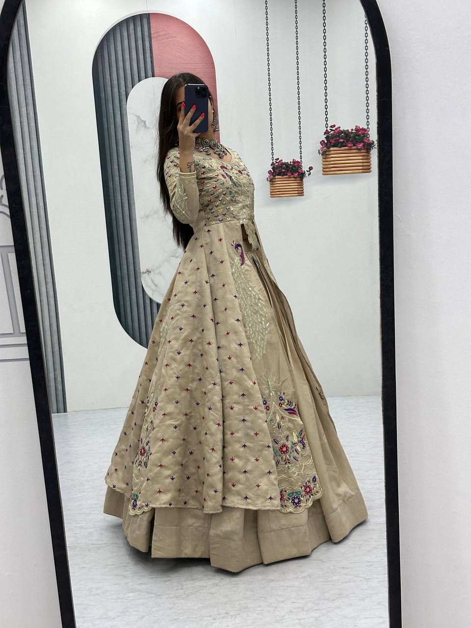 Mani beige Vichitra silk crop top peacock design lehenga with embroidered shrug