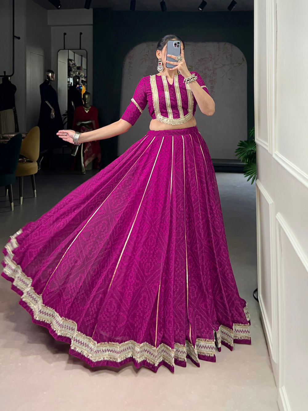 Wine color chiffon Bandhej print Gota Patti lace work lehenga choli
