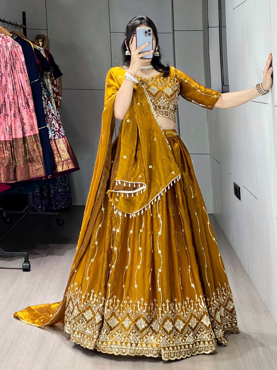 Mustard yellow Fendy satin beads embroidered lehenga choli with dupatta