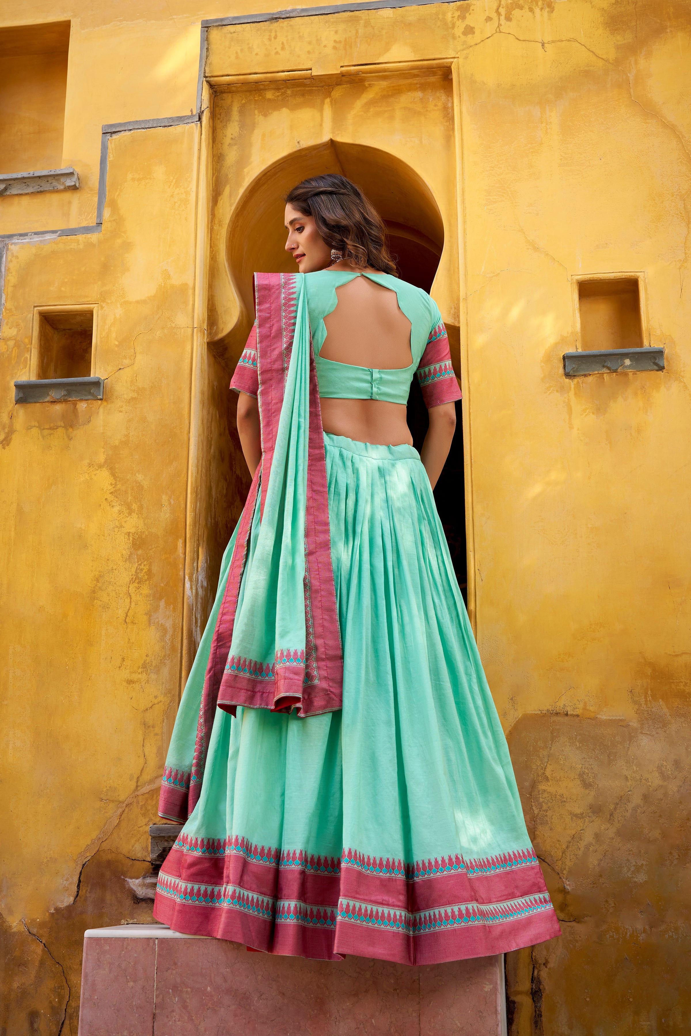 Swastika sky blue pure Chanderi thread work half saree lehenga