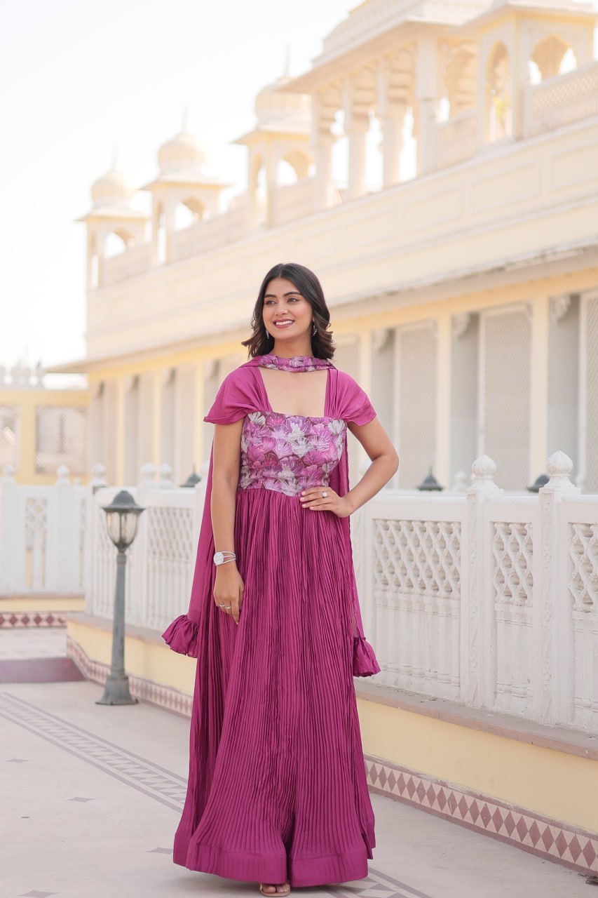 Shanta chinon pink printed anarkali gown set