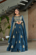 Teal blue chinnon embroidered gown with sequins work and dupatta