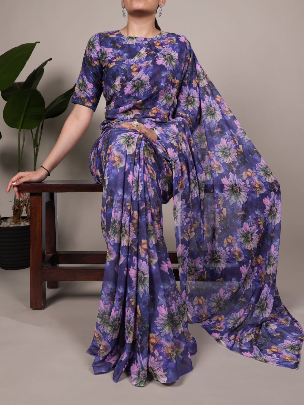 Purple weightless marble floral print saree with unstitched blouse