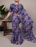 Purple weightless marble floral print saree with unstitched blouse