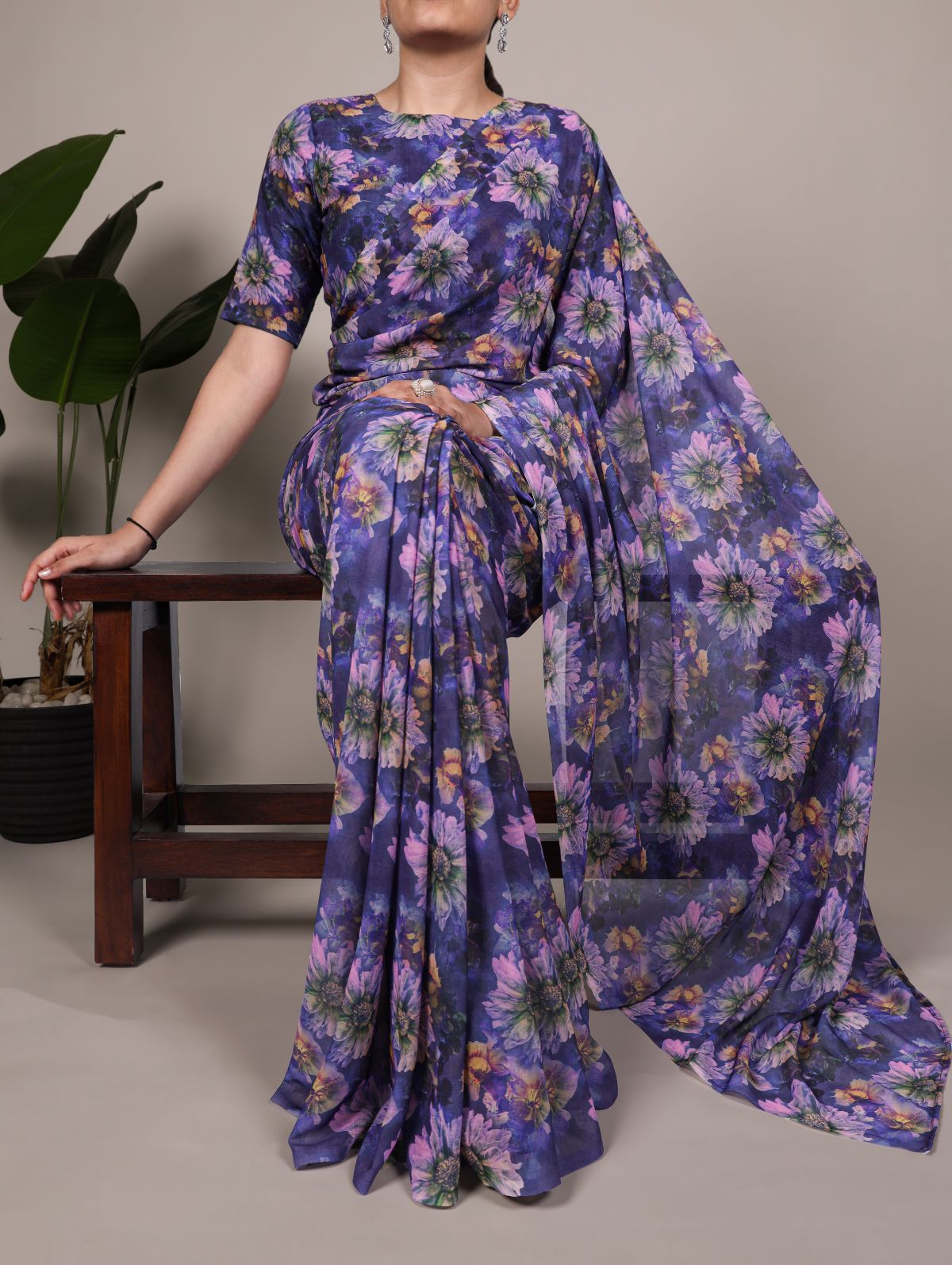 Purple weightless marble floral print saree with unstitched blouse