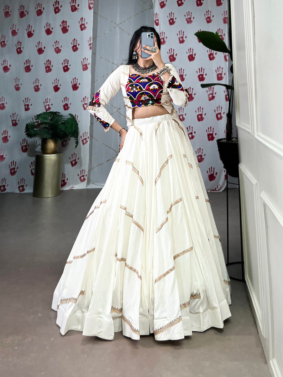 Off white pure rayon lehenga choli with mirror gamthi and sequins work