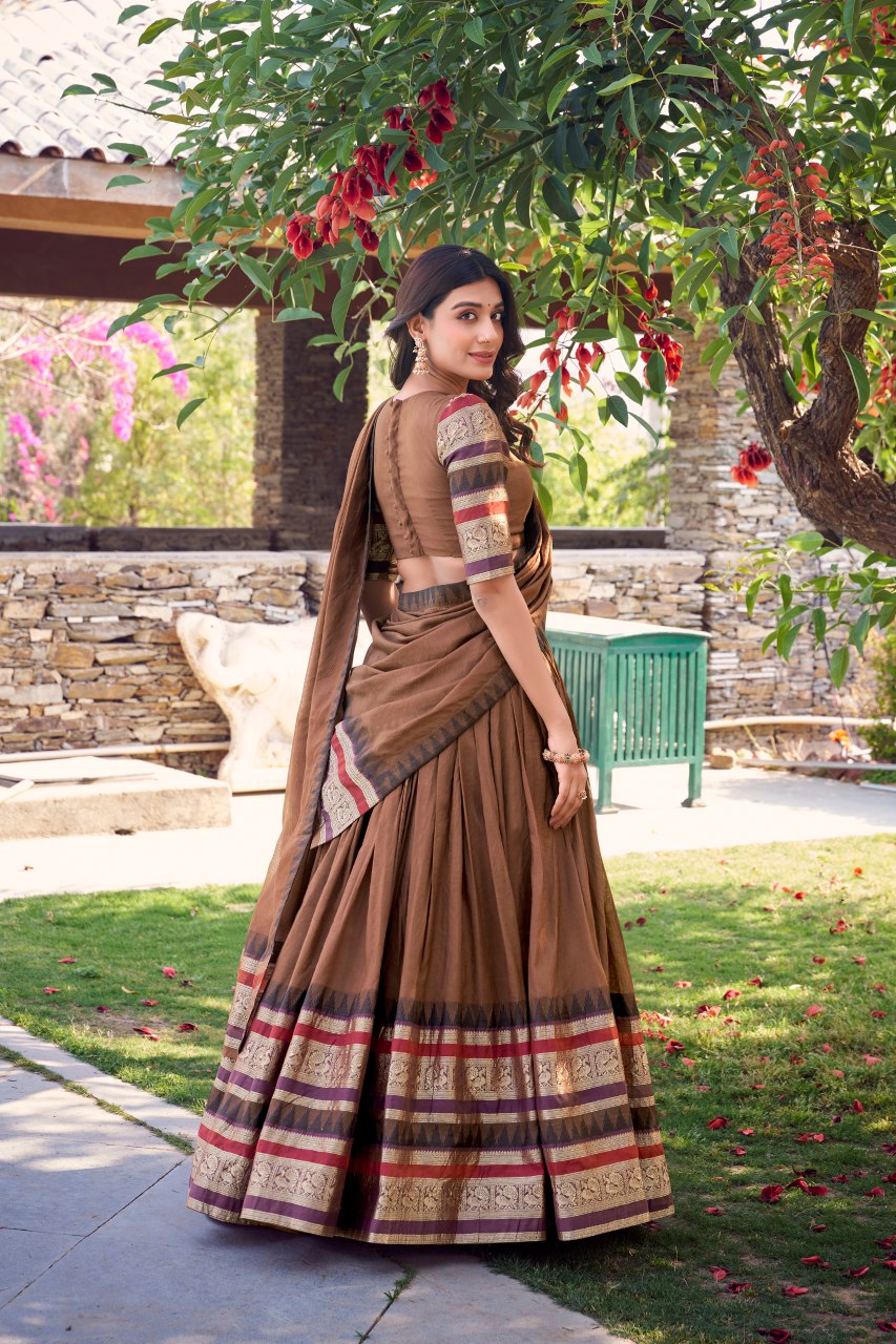 Brown pure Chanderi lehenga choli with zari weaving work and dupatta