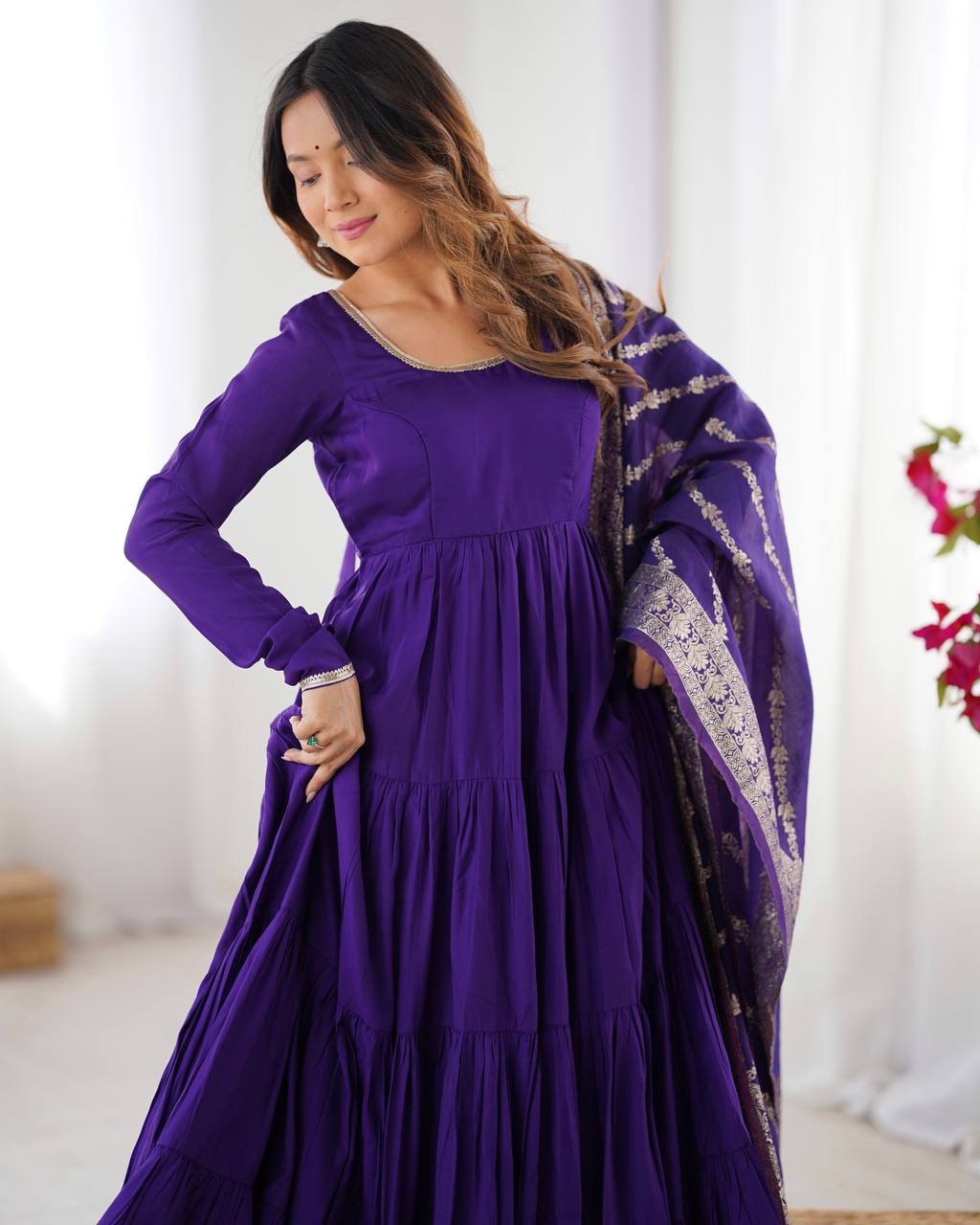 Purple Roman silk Ashika flared designer Anarkali suit