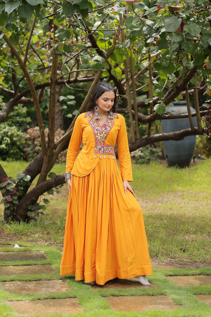 Yellow rayon Kutchi Gamthi embroidered Misty Navratri gown