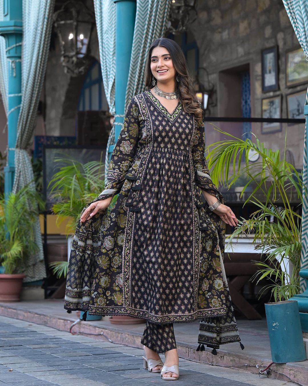 Ishani black cotton printed Anarkali suit set