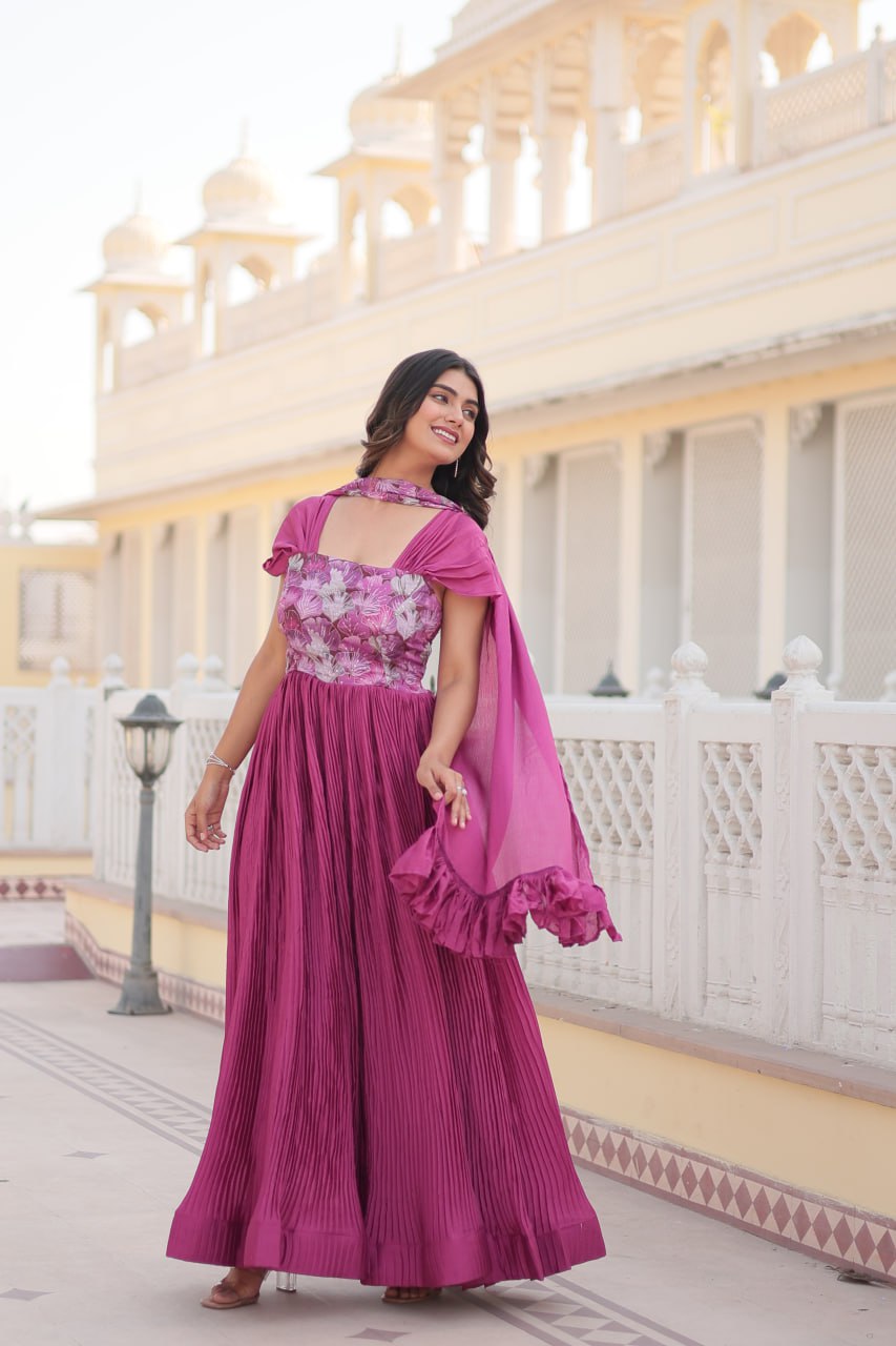 Shanta chinon pink printed anarkali gown set