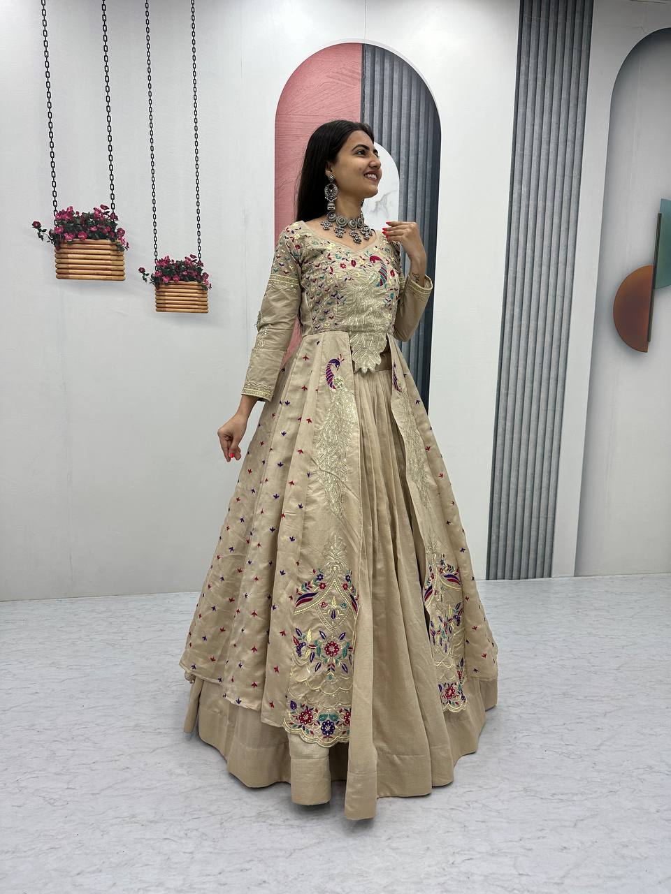 Mani beige Vichitra silk crop top peacock design lehenga with embroidered shrug