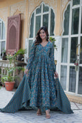 Blue pure cotton Anarkali suit set for women with soft dupatta, lightweight ethnic outfit featuring traditional block prints, flared kurta with matching pants, ideal for summer functions, daily Indian wear, office outfits, and casual ethnic fashion in breathable cotton fabric.