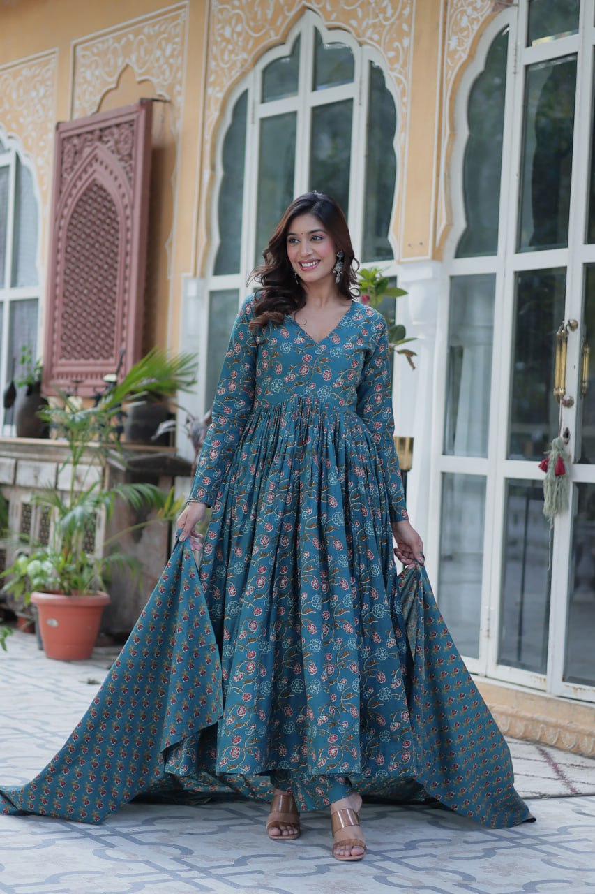 Blue pure cotton Anarkali suit set for women with soft dupatta, lightweight ethnic outfit featuring traditional block prints, flared kurta with matching pants, ideal for summer functions, daily Indian wear, office outfits, and casual ethnic fashion in breathable cotton fabric.