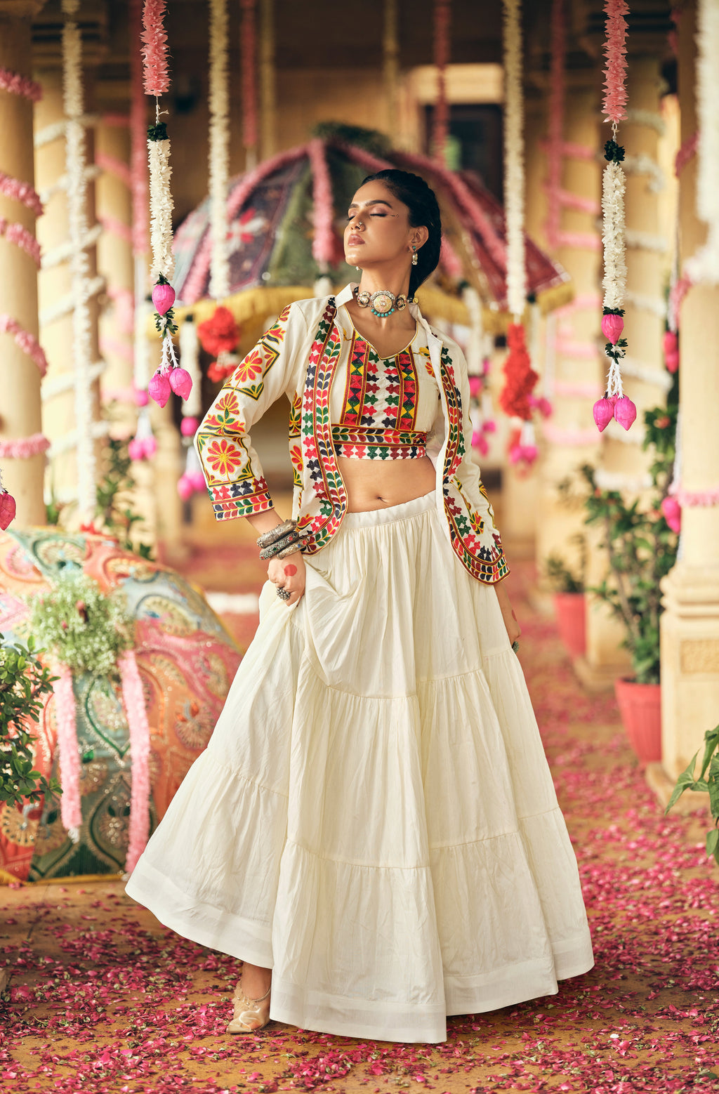 Off-white pure cotton embroidery work lehenga choli with koti