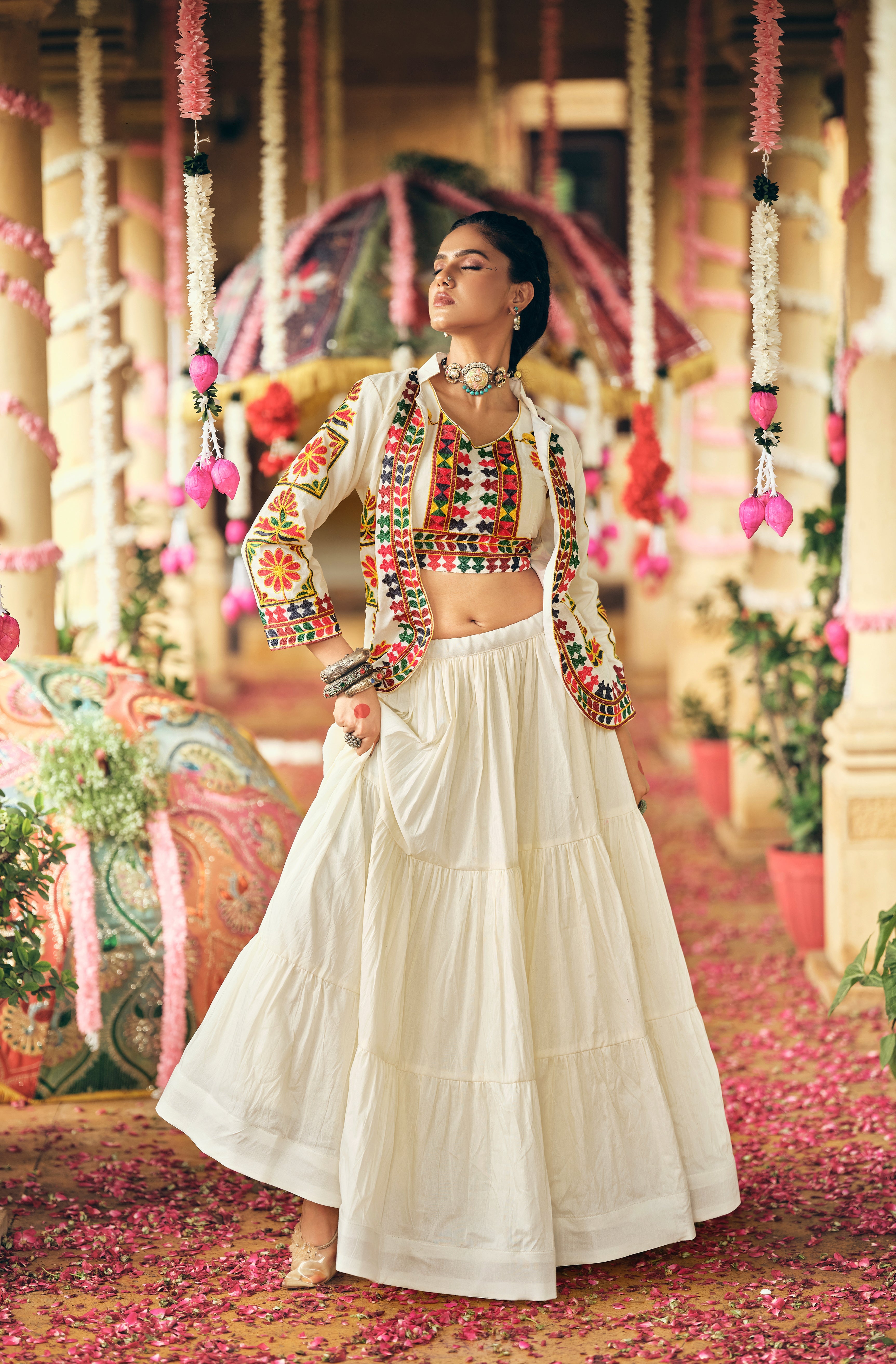 Off-white pure cotton embroidery work lehenga choli with koti