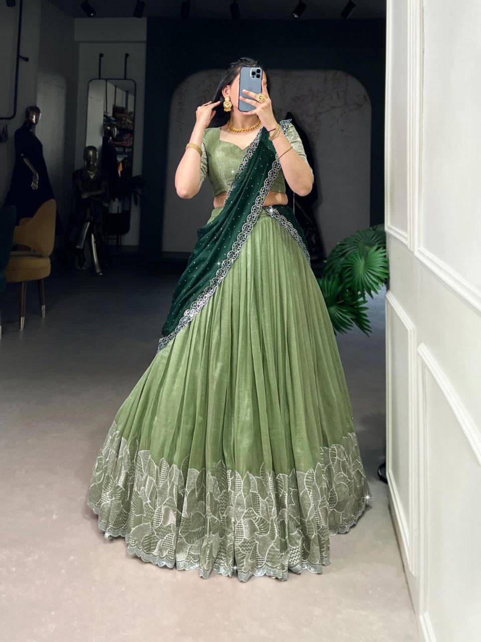 Pista green glossy lehenga choli with silver embroidery and hotfix work