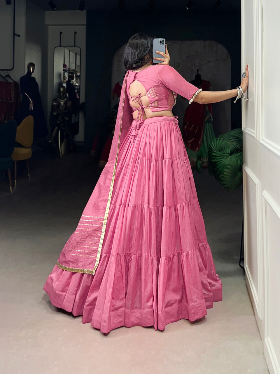 Pink Chanderi lehenga choli with cowrie detailing and dupatta