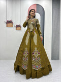 Mani olive green Vichitra silk crop top peacock design lehenga with embroidered shrug