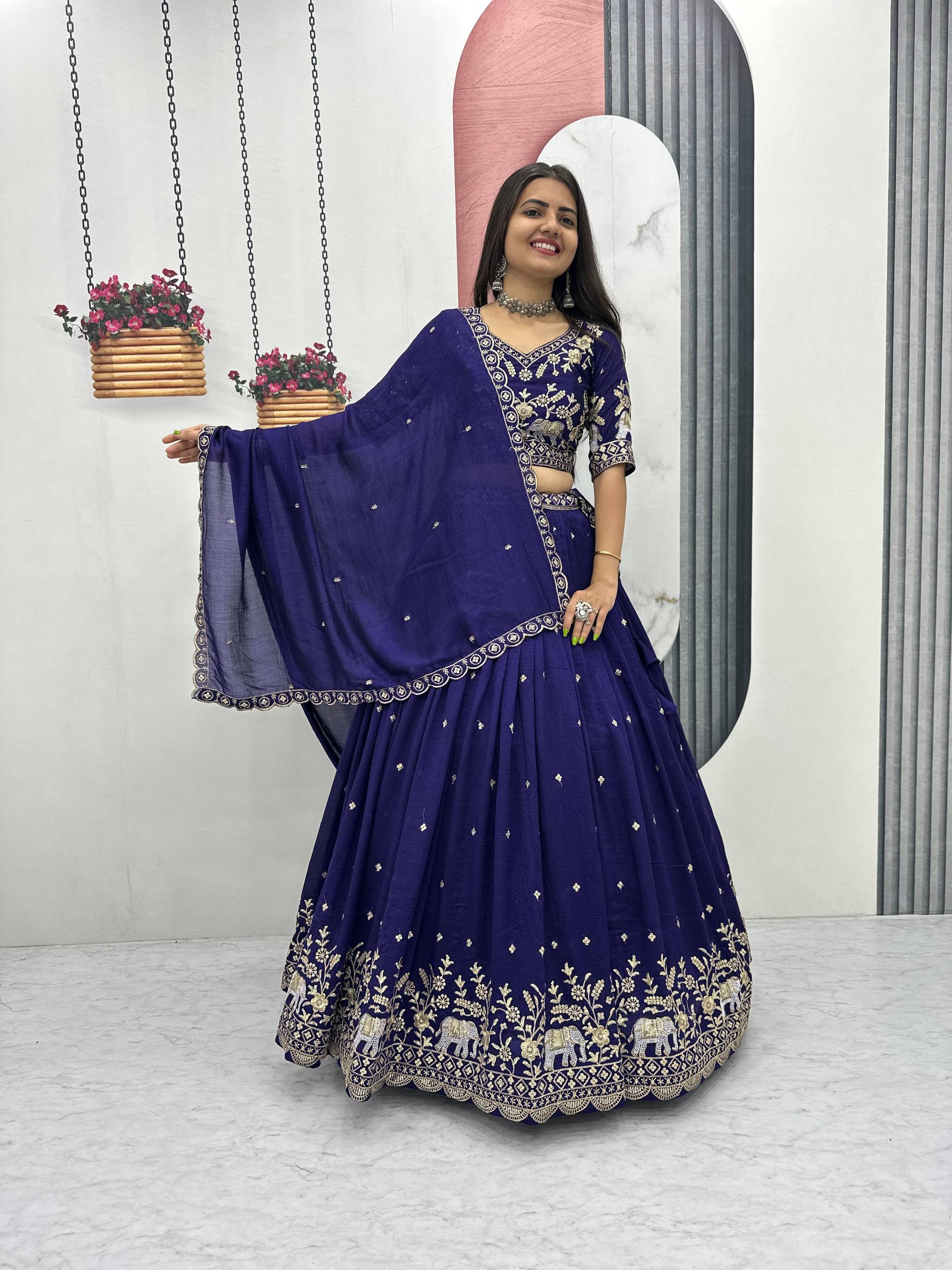 Gopi navy blue Vichitra silk lehenga choli with embroidery sequins thread work