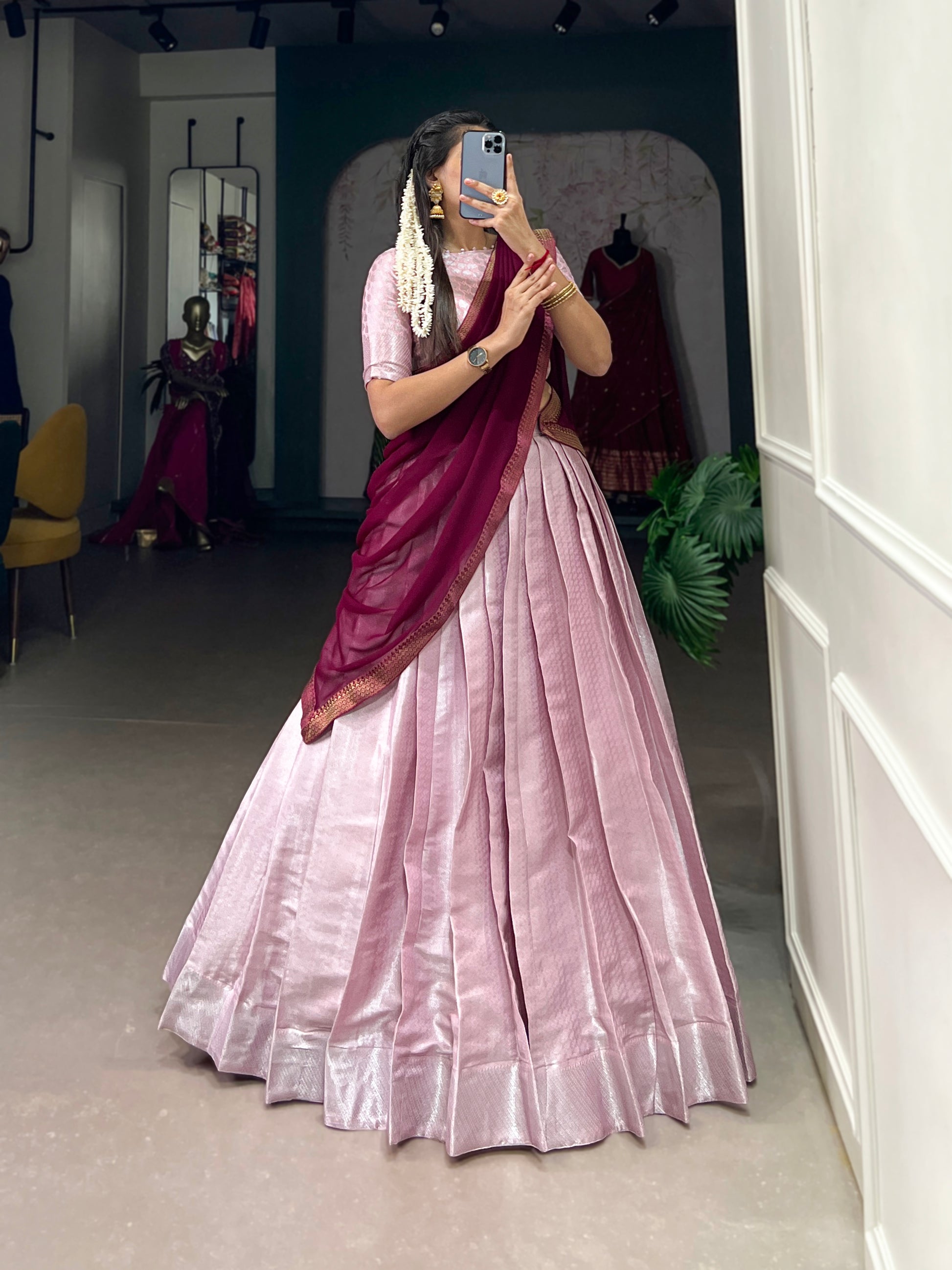 Pink jacquard silk weaving work lehenga choli with dupatta and lace border