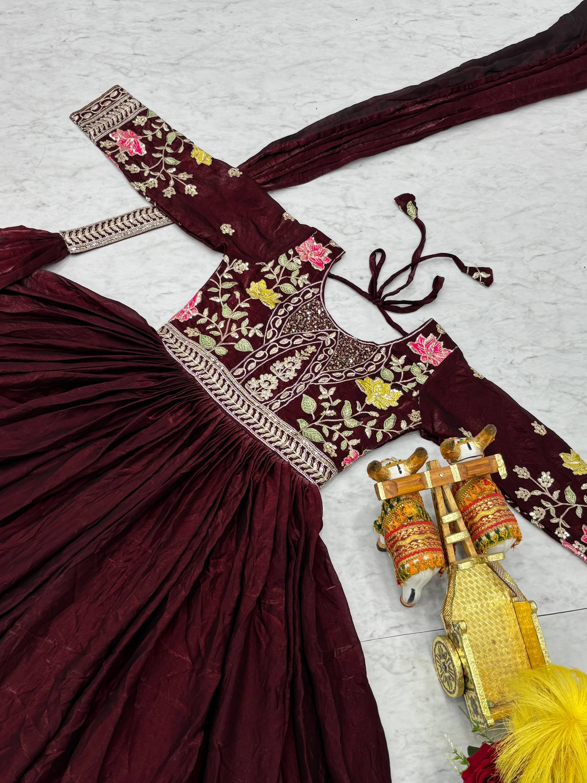Dipa wine Fendy silk gown with embroidery sequins thread work and dupatta