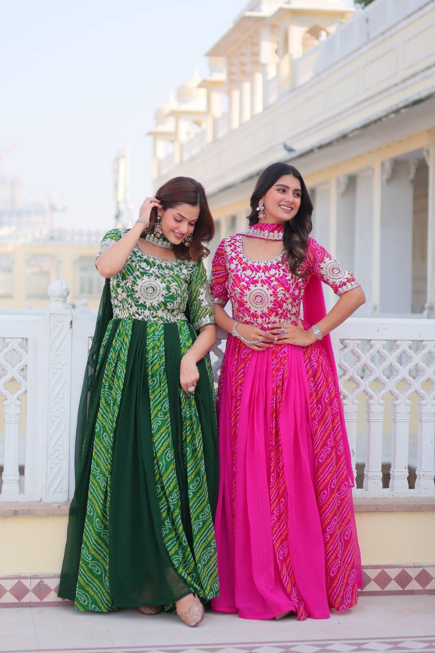 Saanvi pure bandhej georgette embroidered gown set