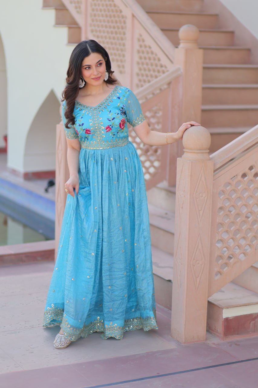 Sky blue gold crush zari sequins work embroidered gown