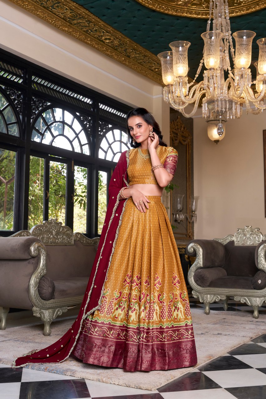 Yellow Kanchipuram silk printed lehenga choli with embroidered dupatta