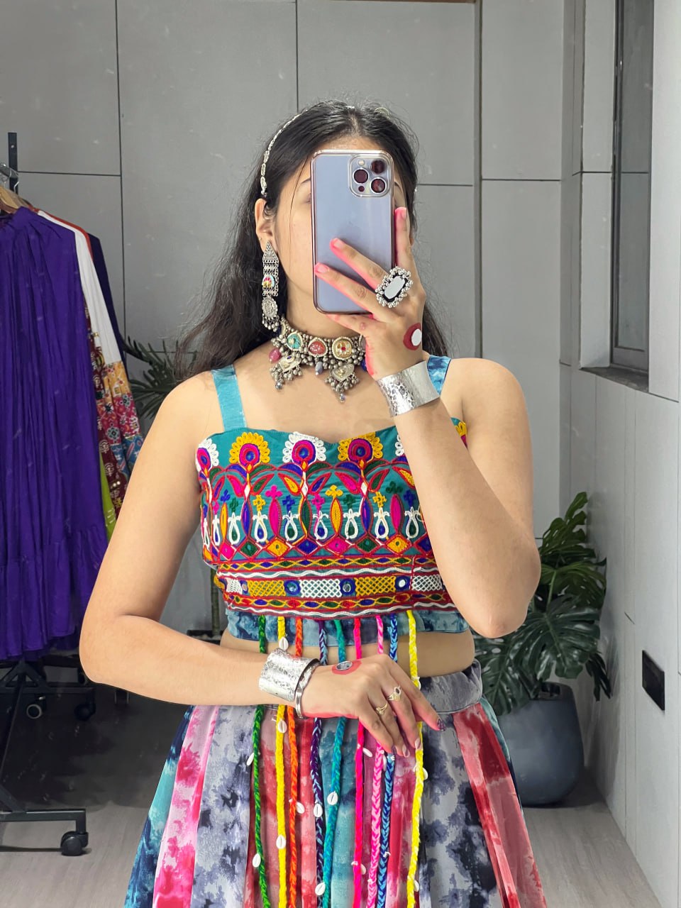 Multicolor Shibori print Kutchi work georgette fancy top lehenga