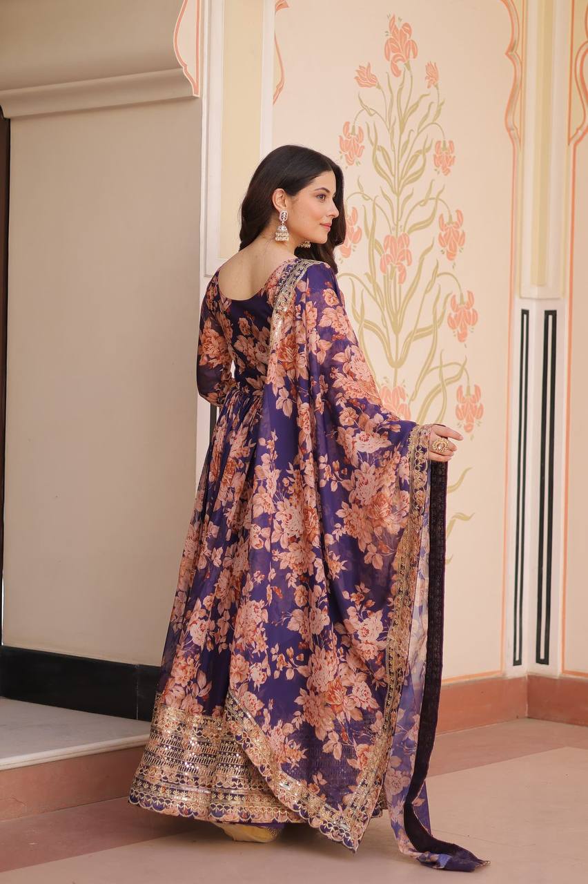 Purple Russian silk printed gown with embroidered sequins work and dupatta