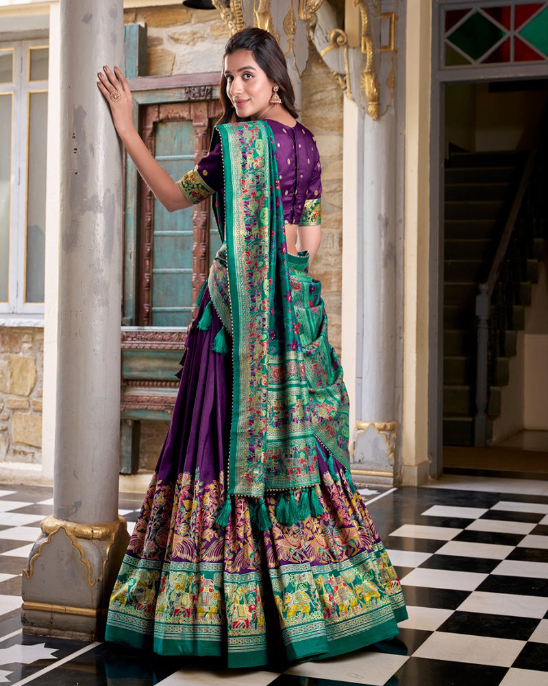 Purple silk half saree lehenga with printed design and Foli work
