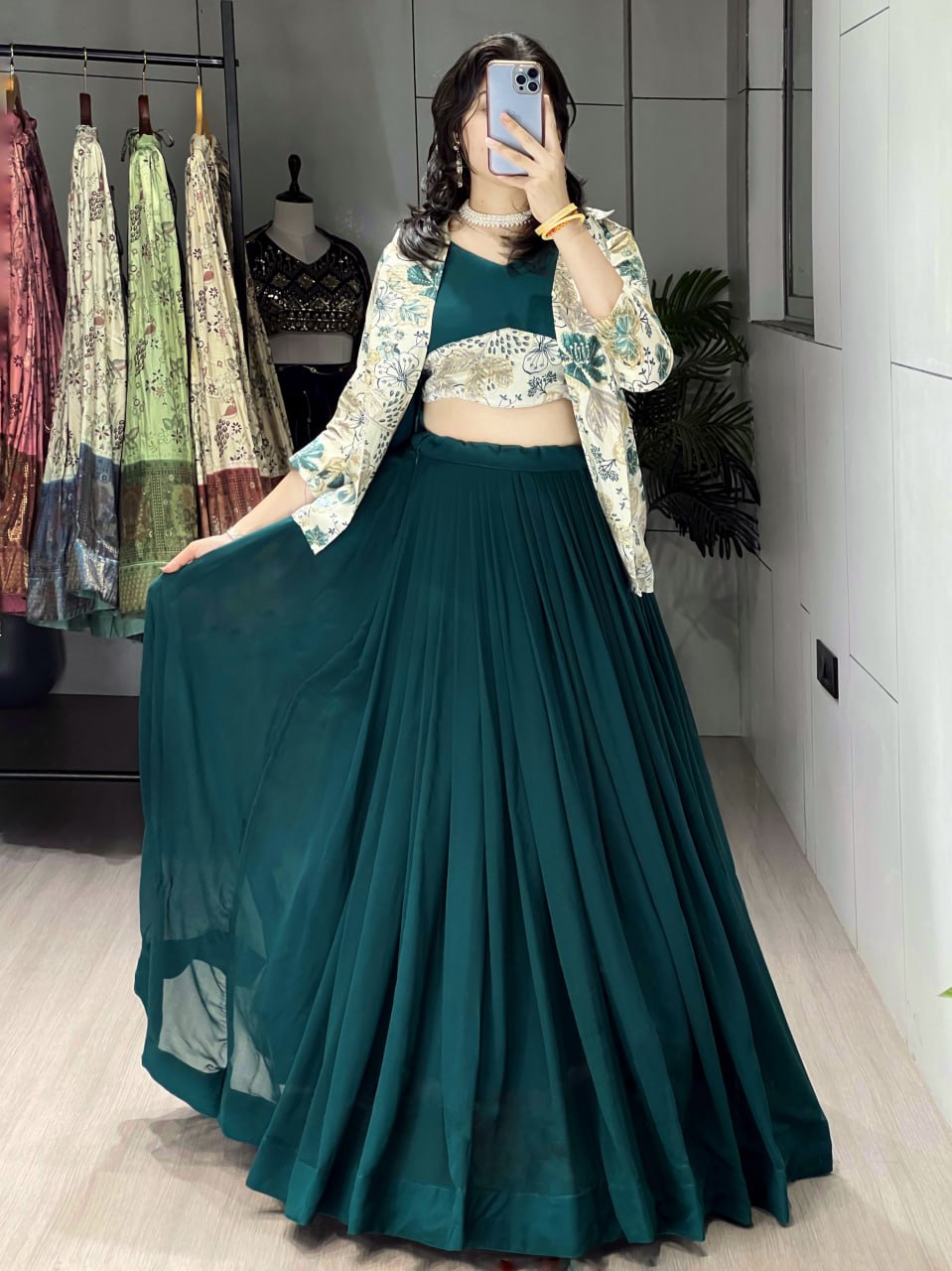 Alka teal green georgette foil printed lehenga choli with koti jacket
