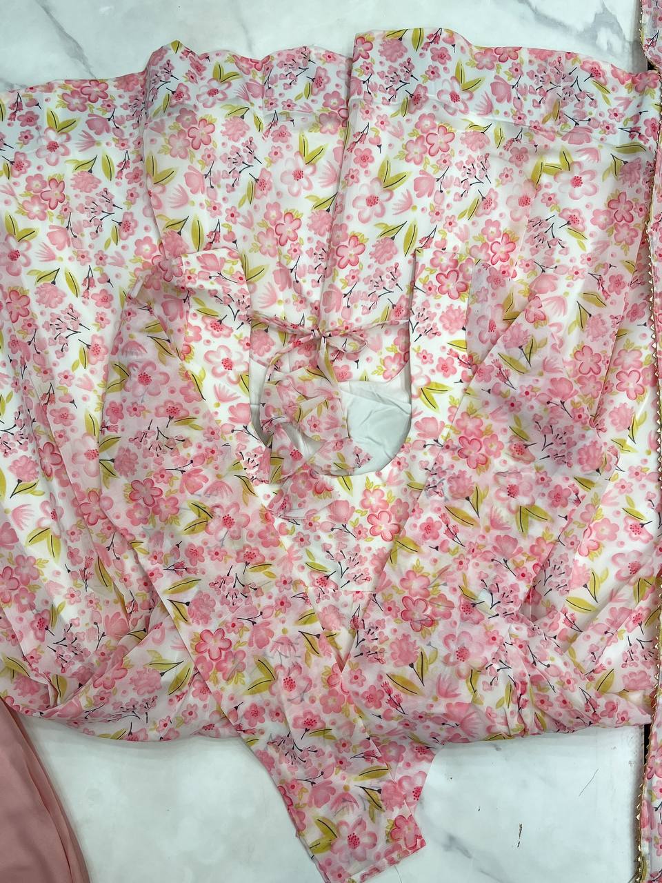Pink orange chiffon floral Anarkali suit for wedding functions
