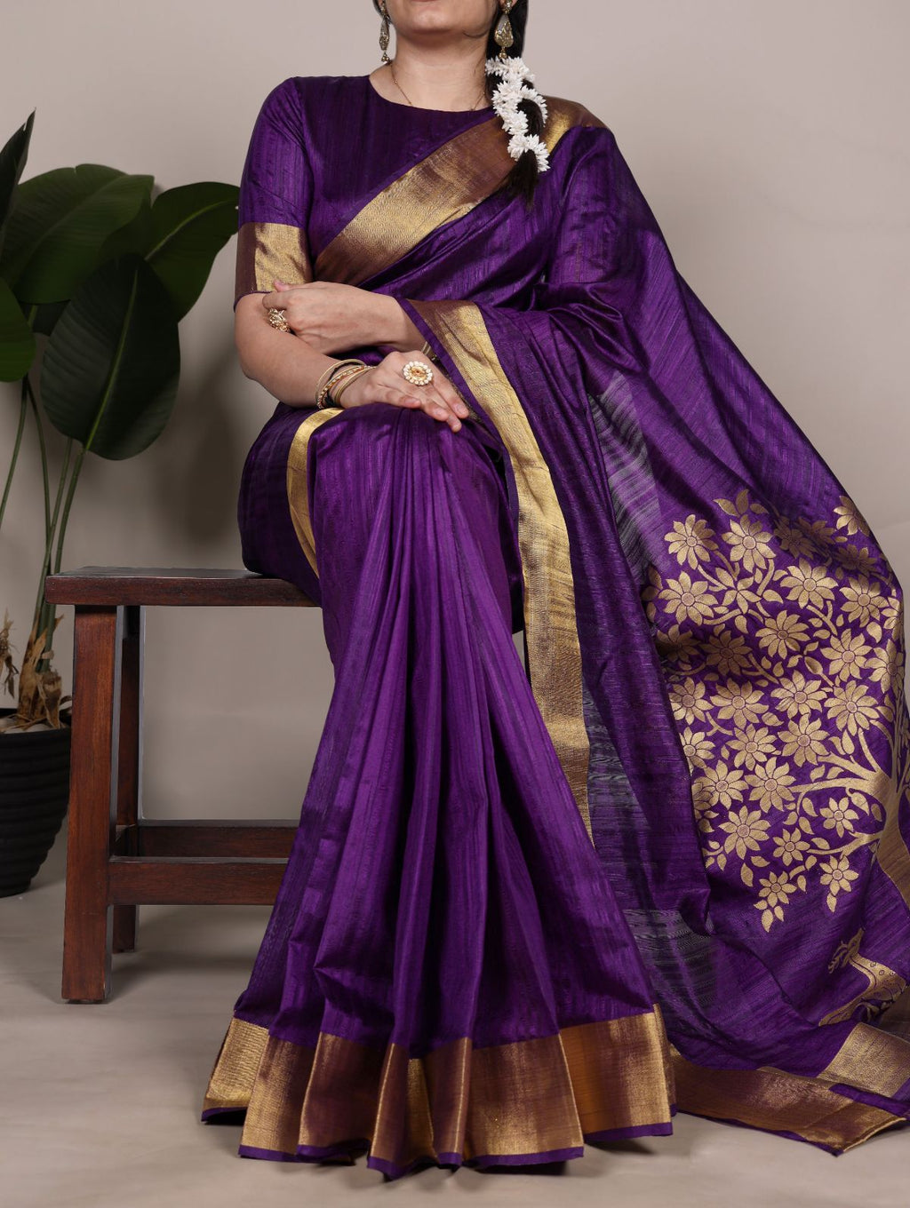 Purple raw silk zari weaving saree with unstitched blouse