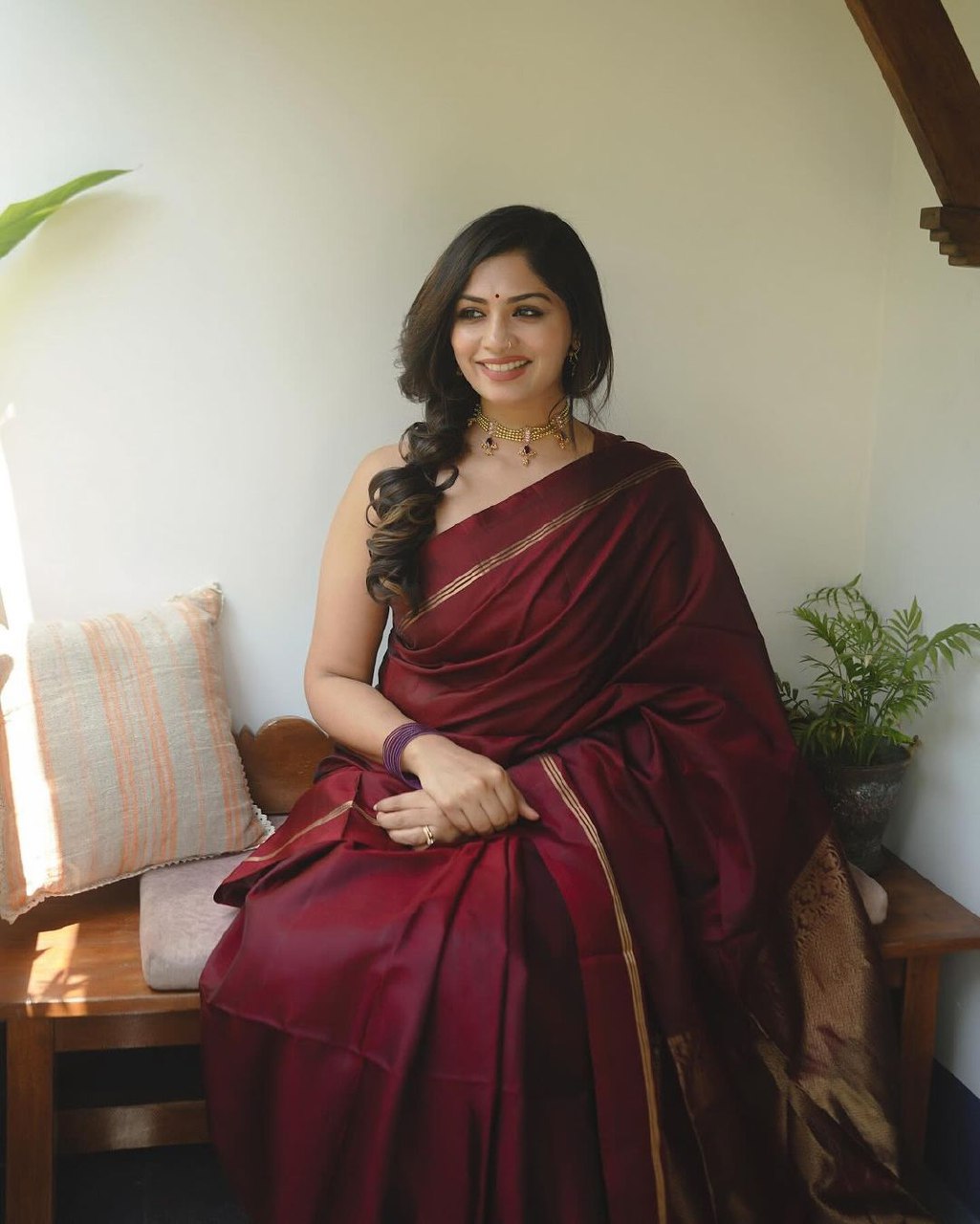 Maroon Banarasi silk Niva designer saree