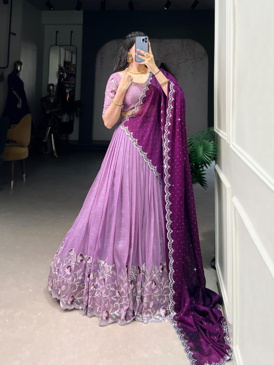 Lavender glossy lehenga choli with silver embroidery and hotfix work