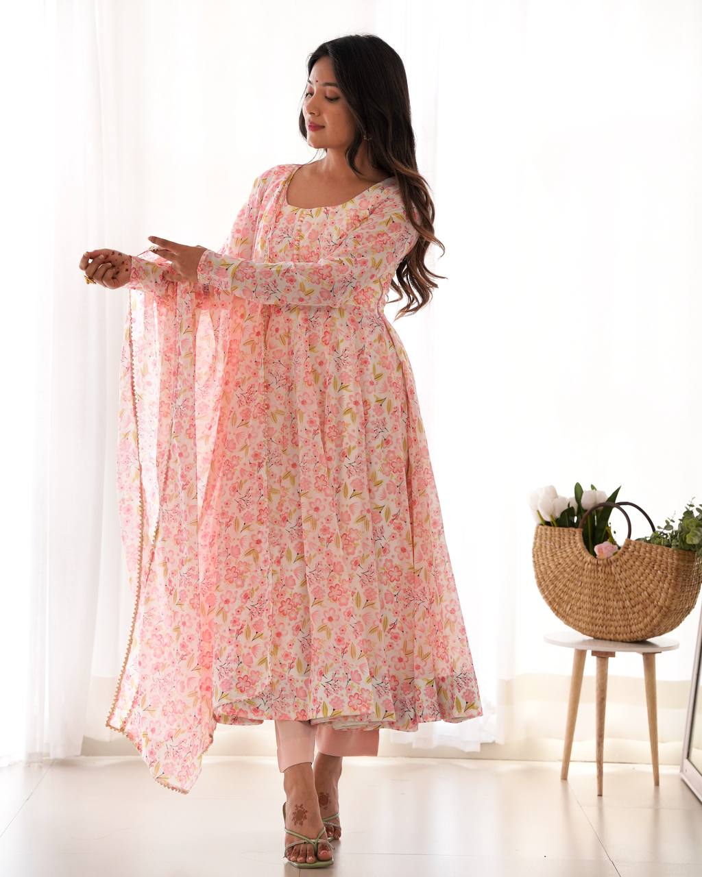 Pink orange chiffon floral Anarkali suit for wedding functions
