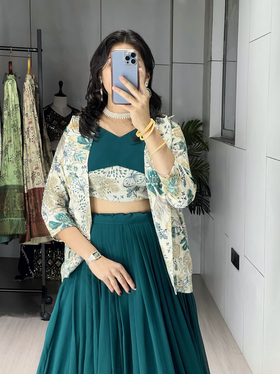 Alka teal green georgette foil printed lehenga choli with koti jacket