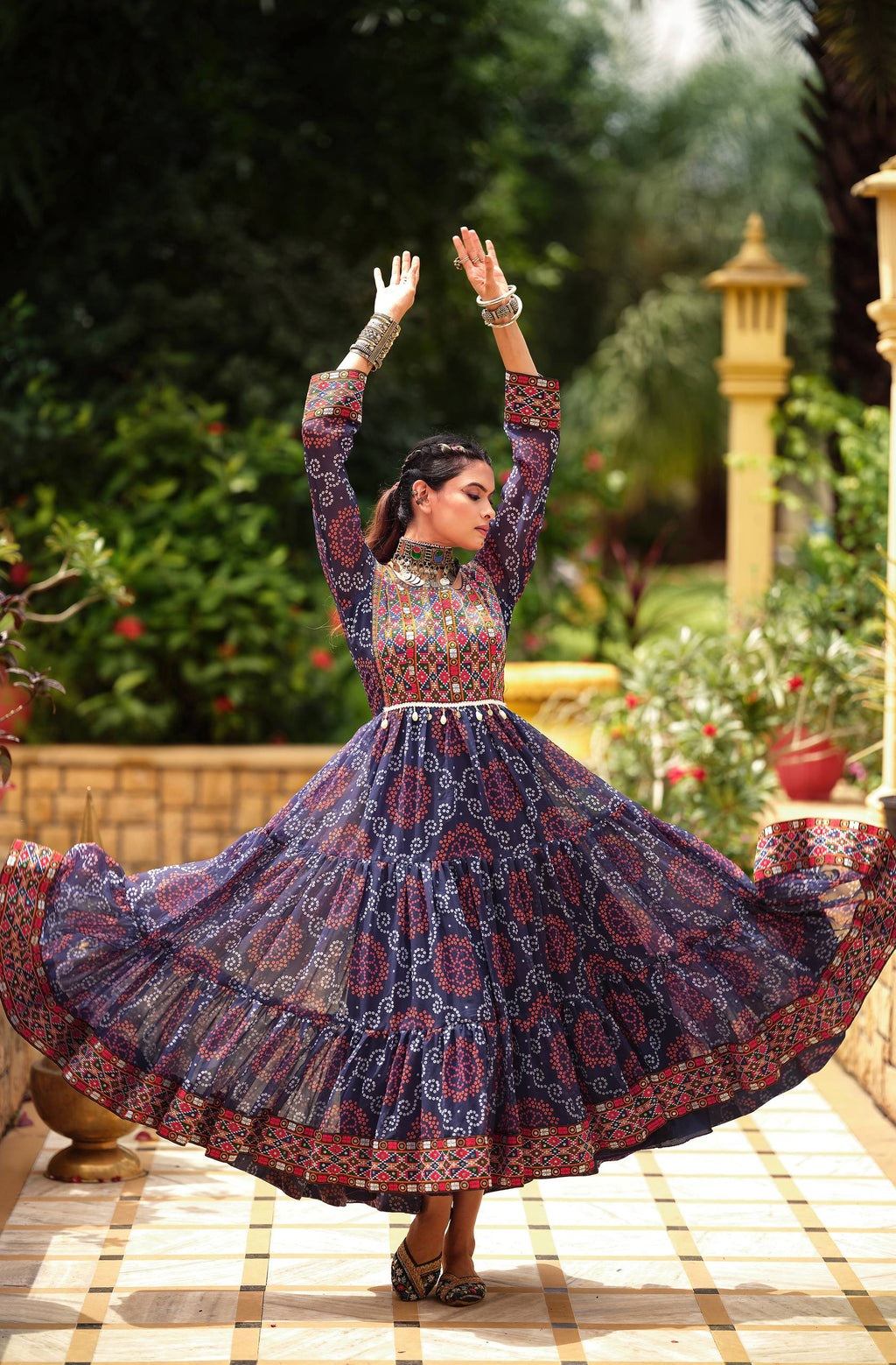 Navy blue faux georgette Gamthi jacquard weaving lace border ruffle flair gown