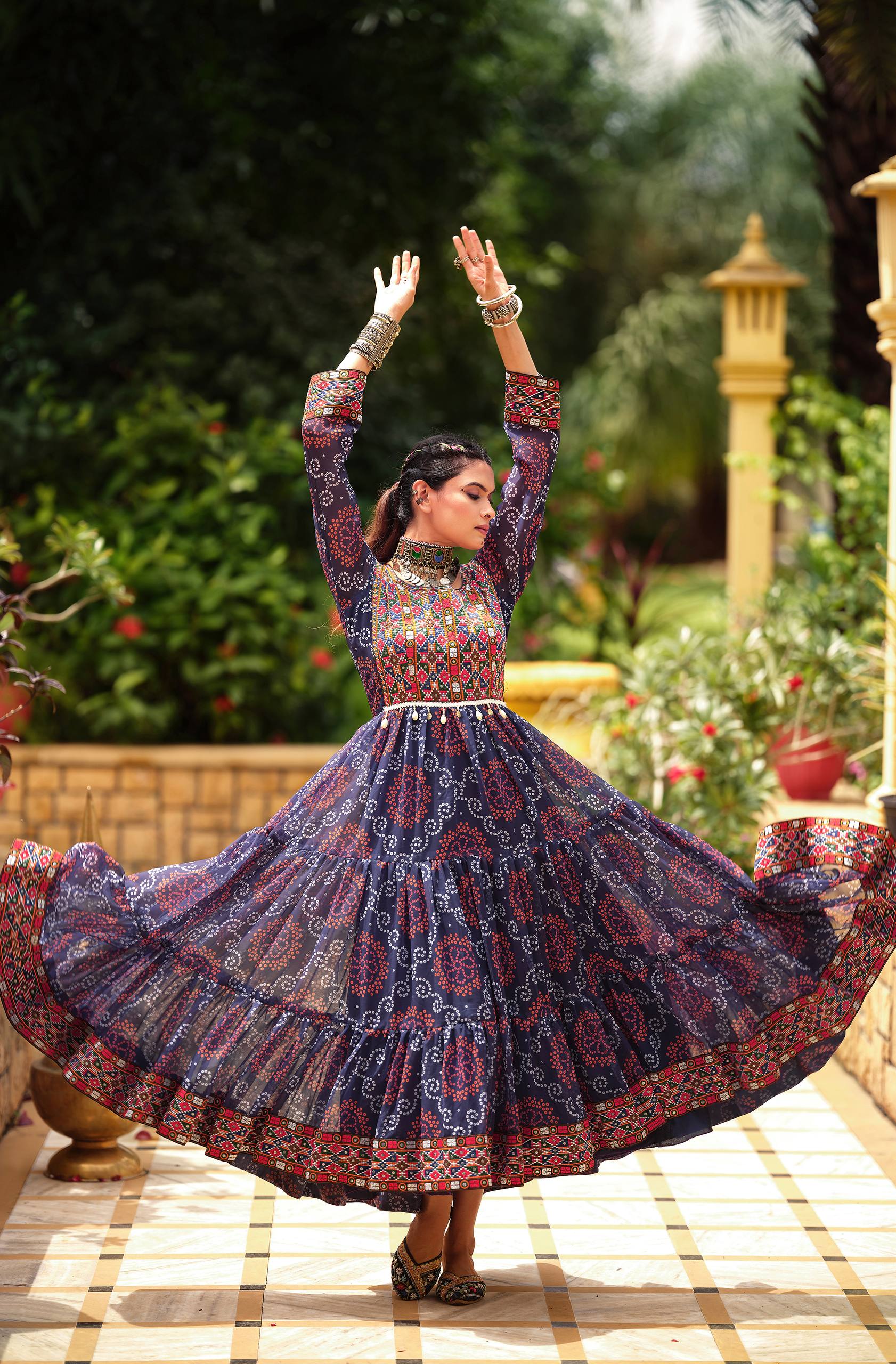 Navy blue faux georgette Gamthi jacquard weaving lace border ruffle flair gown
