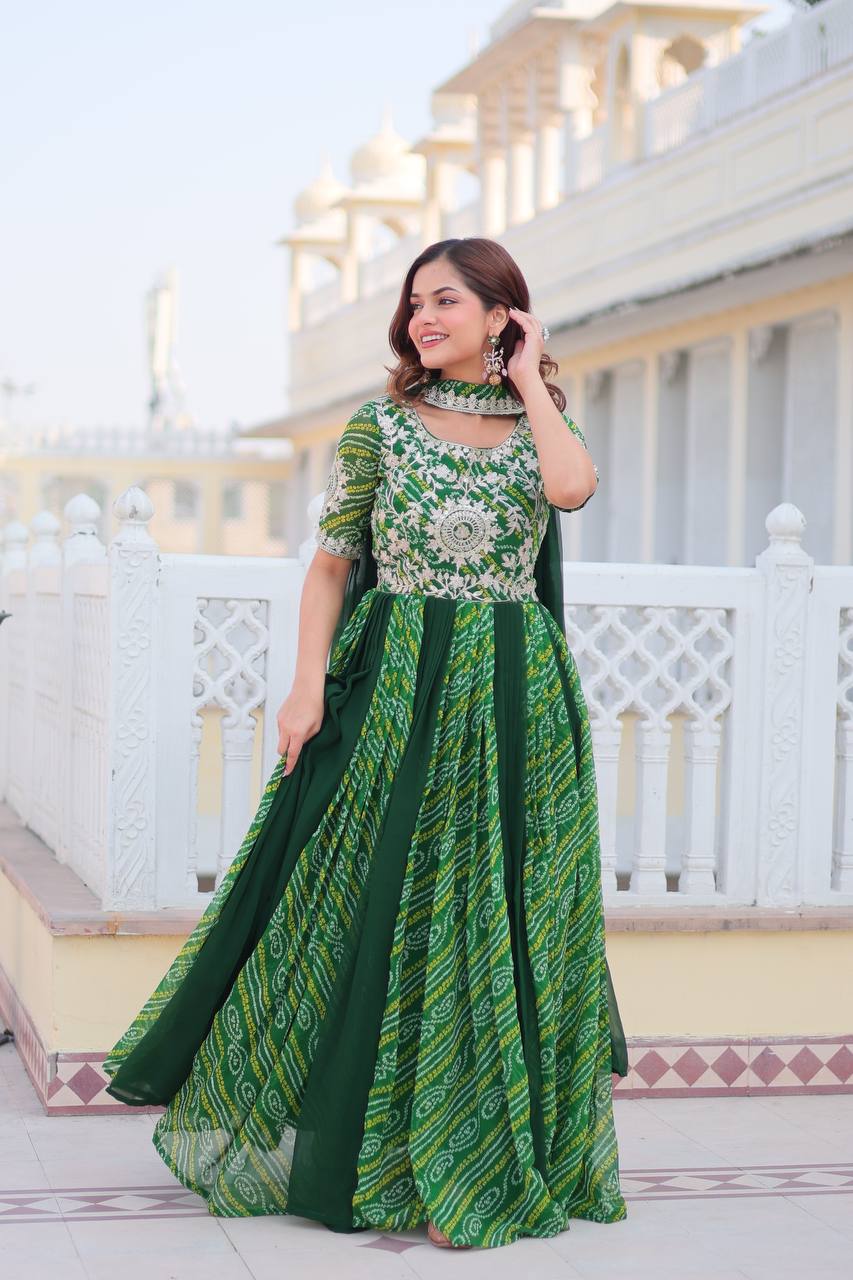 Saanvi pure bandhej georgette embroidered gown set