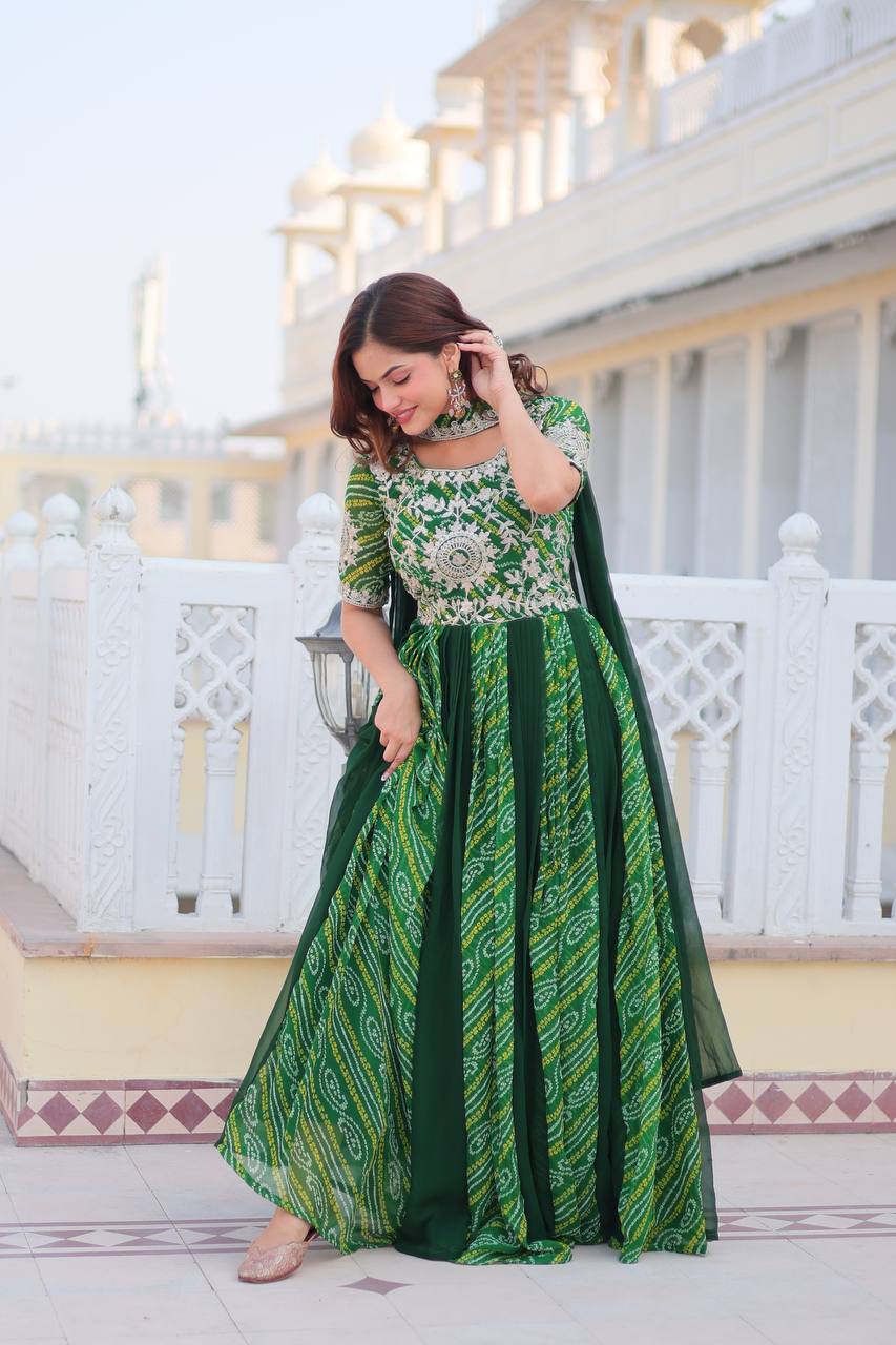 Saanvi pure bandhej georgette embroidered gown set