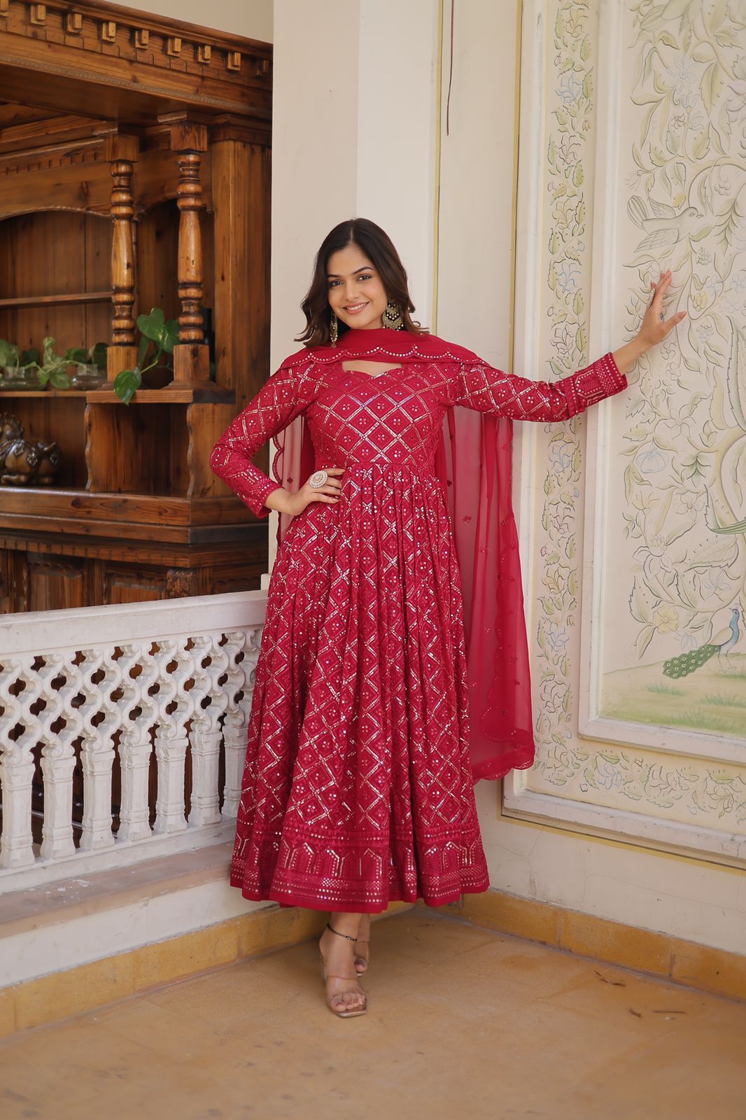 Radiant pink floral gown with dupatta set